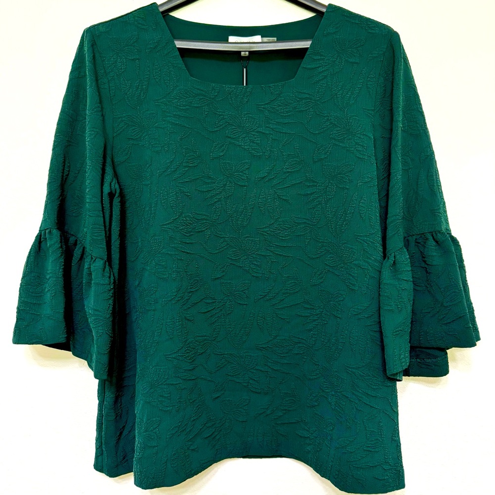 Calvin Klein Dark Green Floral Pattern Square Neck Bell Sleeves Women’s Tops, M